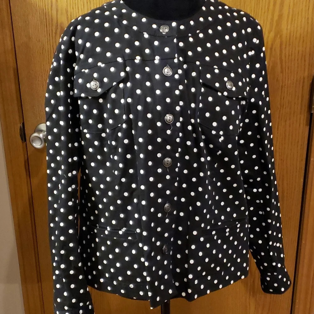 Tog shop stretch shirt jacket bold black white polka dots euc